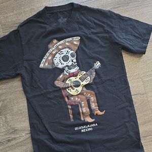 Black Graphic T-Shirt with Skeleton Mariachi